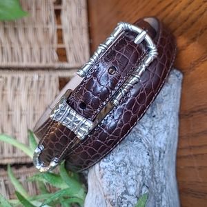 Leather Croc Embossed Thin Belt Dark Brown Decorative Buckle and Tip